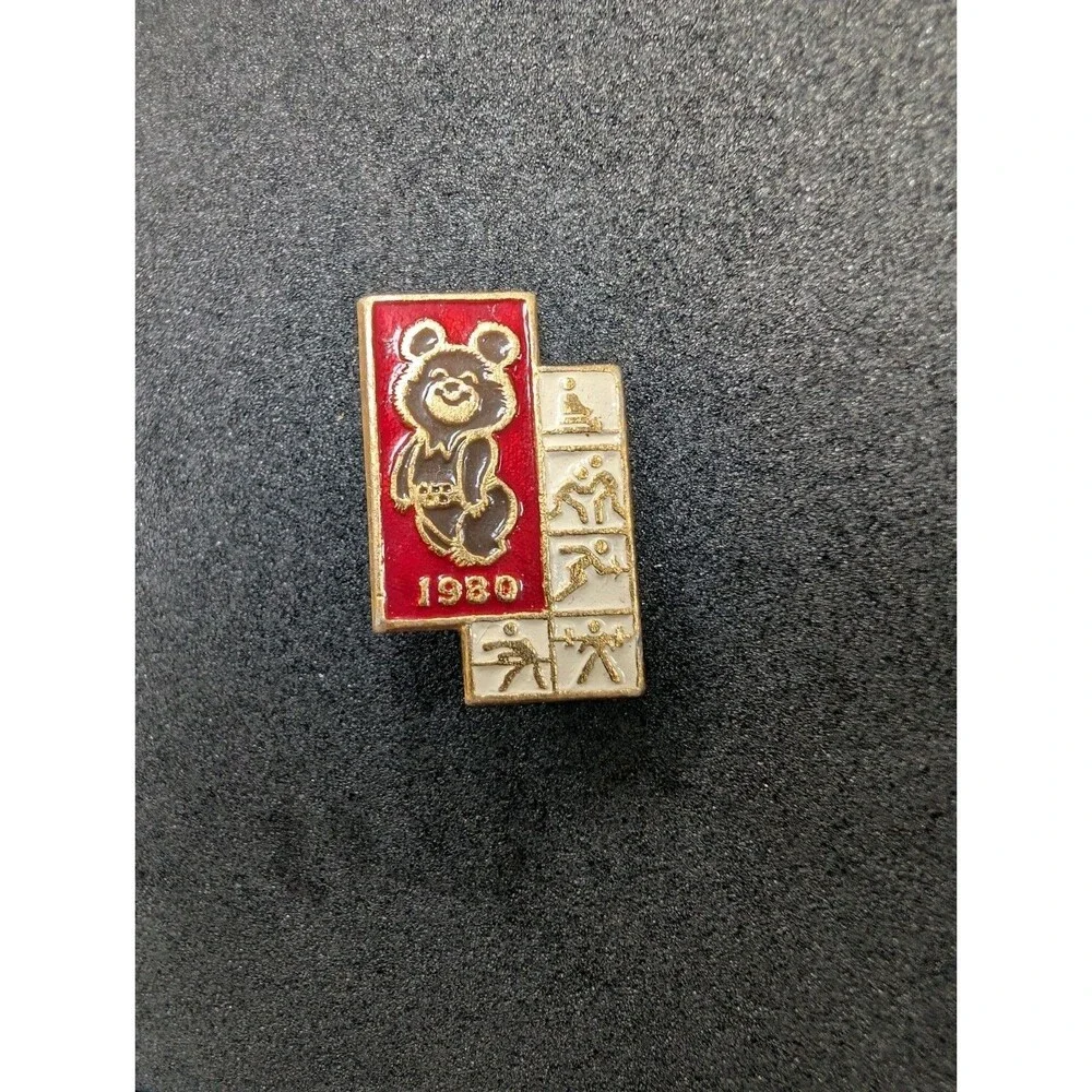 USSR Moscow 1980 Olympic Misha Bear On Red Multi Sport Enamel Pin Vintage Badge